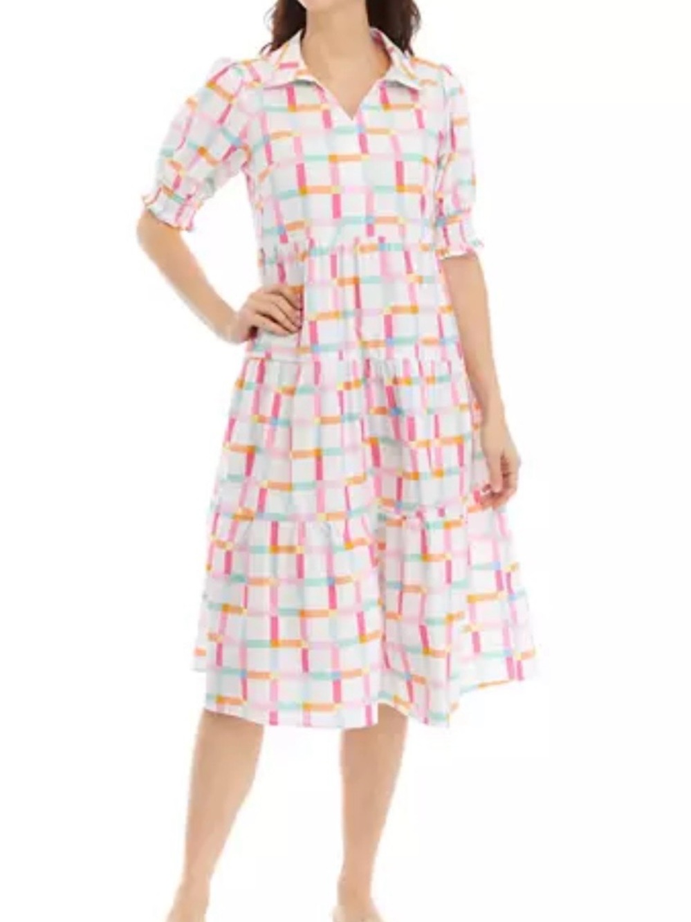 Michelle McDowell White Pastel Plaid Maxi Dress Puff Smocked Sleeves Sz S